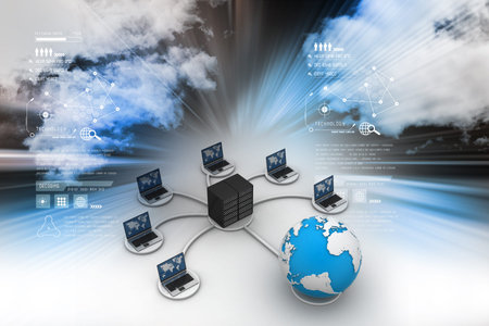 laptop with big server Net Work firewall. 3D Image