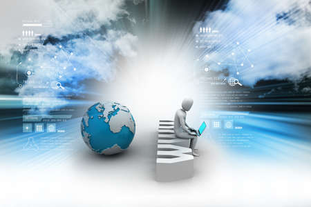 Man with laptop sitting on www labelの写真素材