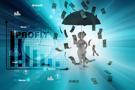 3d man and umbrella in money rainの写真素材
