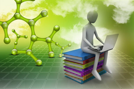 3d man sitting on books and working at his laptop