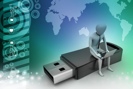 3d man and laptop sitting usb