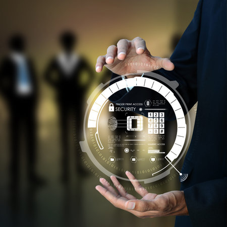 Businessman pressing virtual buttons
