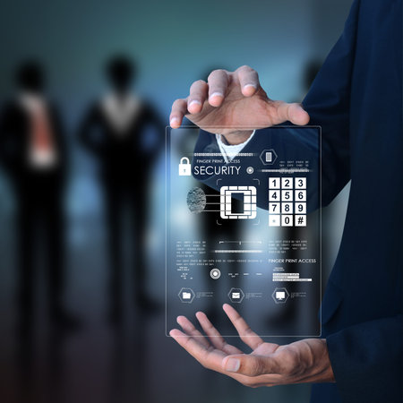 Businessman pressing virtual buttons