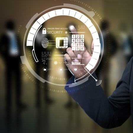 Businessman pressing virtual buttons