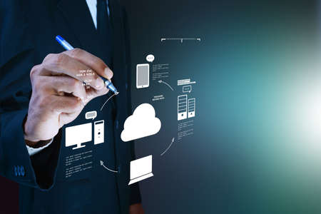 Business man showing concept of cloud computing. Business man showing concept of cloud computing.