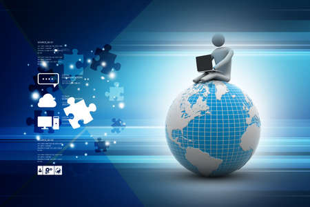 man sitting on globe with the Laptop. On Top of the World.の写真素材