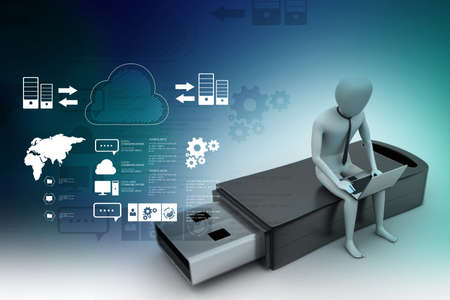 3d man and laptop sitting usbの写真素材