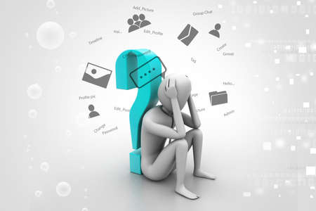 3d man sitting near the question markの写真素材