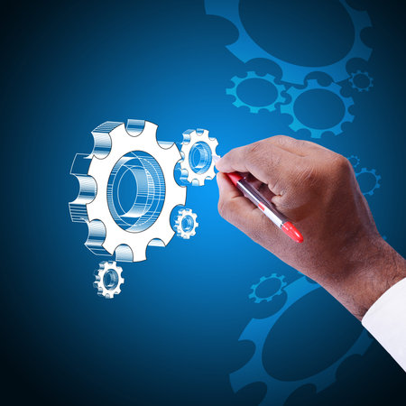 businessman showing gears cogs to success conceptの写真素材