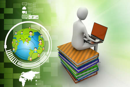 3d man sitting on books and working at his laptopの写真素材