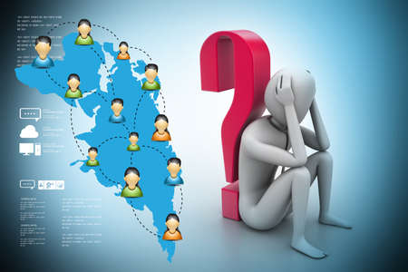 3d man sitting near the question markの写真素材