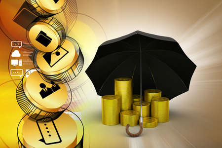 Gold coins under a black umbrellaの写真素材