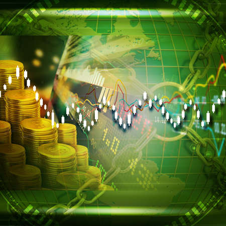 Gold coins with financial stock chartの写真素材