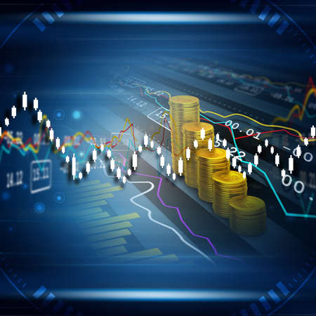 Gold coins with financial stock market dataの写真素材