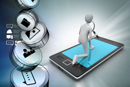 3d man analysing the tablet through magnifierの写真素材