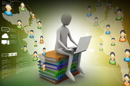 3d man sitting on books and working at his laptopの写真素材