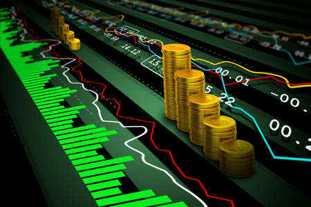 Gold coins with financial stock market data Gold coins with financial stock market data