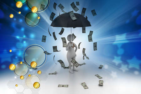 3d man and umbrella in money rainの写真素材