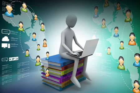 3d man sitting on books and working at his laptopの写真素材