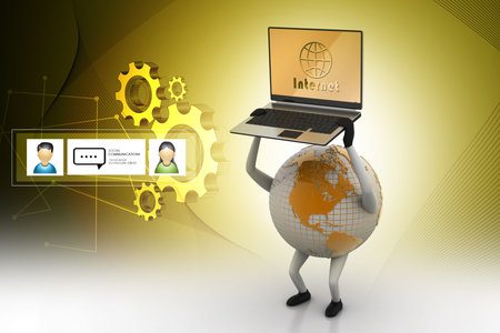 Earth holding laptop in handの写真素材