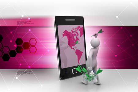 3d man with darts and smart phone in color backgroundの写真素材