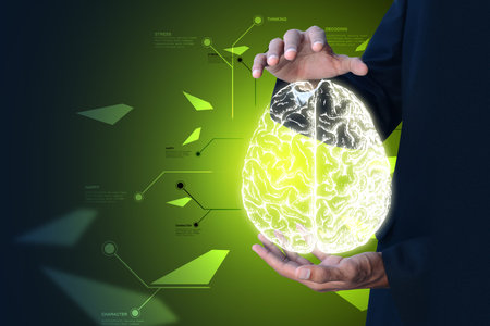 Man showing digital brain in color background