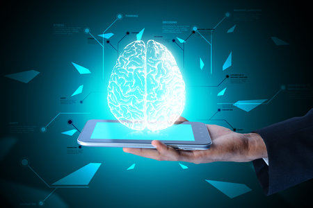Man showing brain on a smart phone in color background