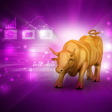 Rising golden business bull in color backgroundの写真素材