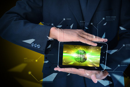 Man showing brain on a smart phone in color background