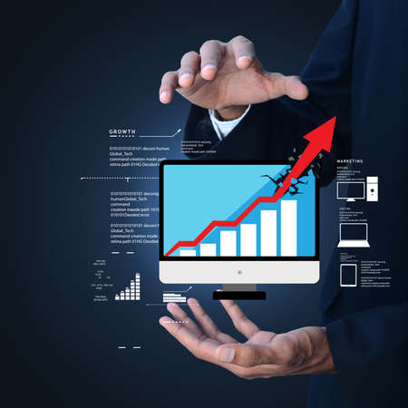 Man showing successive graph in color backgroundの写真素材