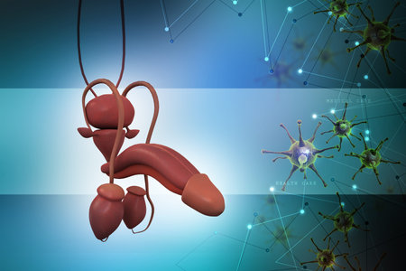 Human male reproductive organs with virus in color background