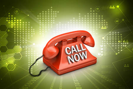 Old land phone with call now lettering in color backgroundの写真素材