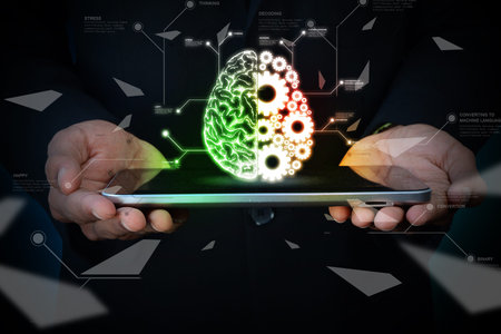 Man showing brain and gear wheels on smart phone in color back ground