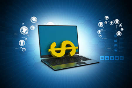 Laptop with dollar in color backgroundの写真素材