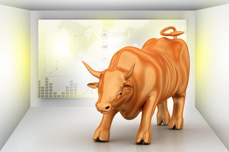 Rising bronze business bull in color backgroundの写真素材