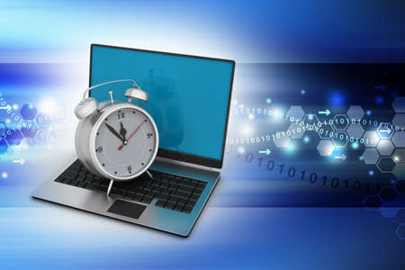 Laptop computer with alarm clock in color backgroundの写真素材