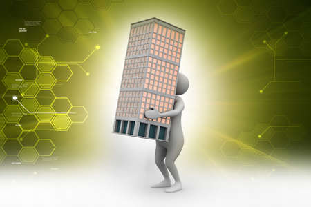 3d man holding a building in color backgroundの写真素材