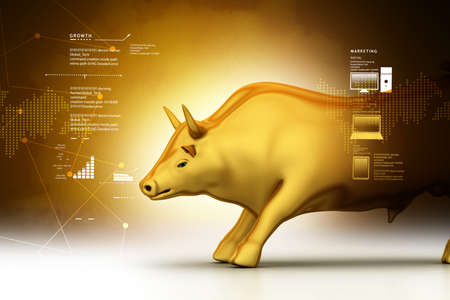 Rising golden business bull in color backgroundの写真素材