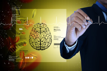 Man showing brain with a heart beat sign