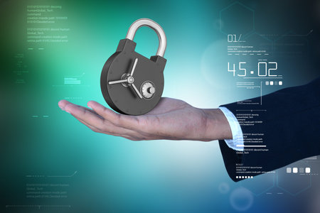 man hand showing padlockの写真素材