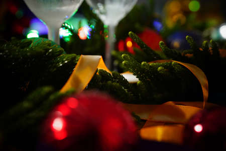 Glasses of champagne and new year decorationsの写真素材