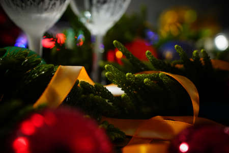 Glasses of champagne and new year decorationsの写真素材