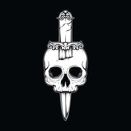 Skull with a dagger on a black background. Vector illustration.のイラスト素材