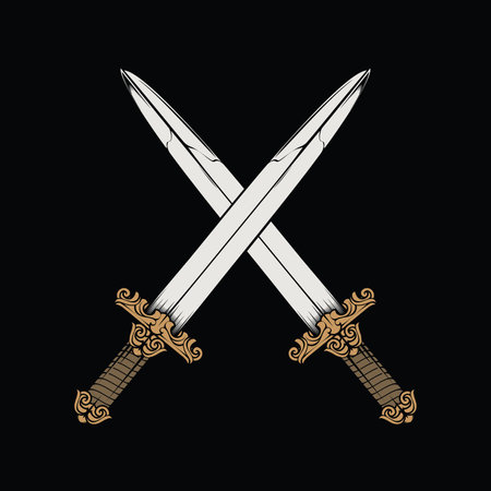 Crossed swords in medieval style. Vector illustration on black background.のイラスト素材