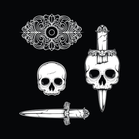 Skulls, sword and floral ornament on a black background.のイラスト素材