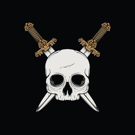 Skull with crossed swords. Vector illustration on a black background.のイラスト素材