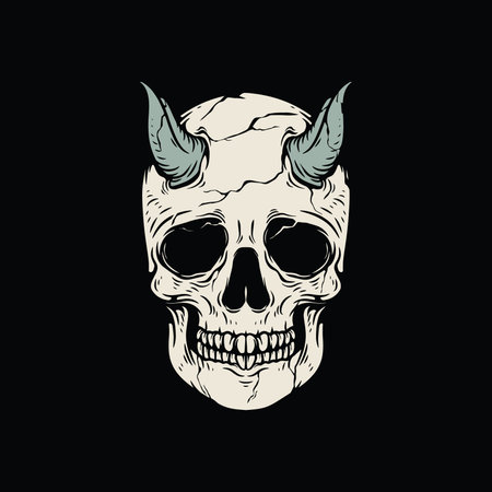 Skull with horns and horns. Vector illustration isolated on black background.のイラスト素材