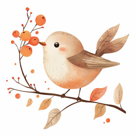 Watercolor Painting Of Bird On A branch In Cute Autumn Rustic Designの素材