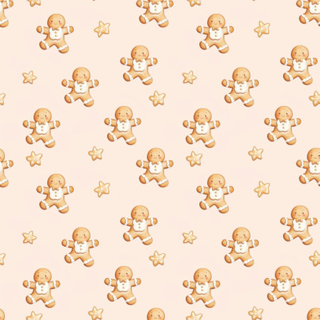 Cute Watercolor Seamless Pattern With Gingerbread Man and Stars. Perfect for card, postcard, tags, invitation, printing, wrappingの素材
