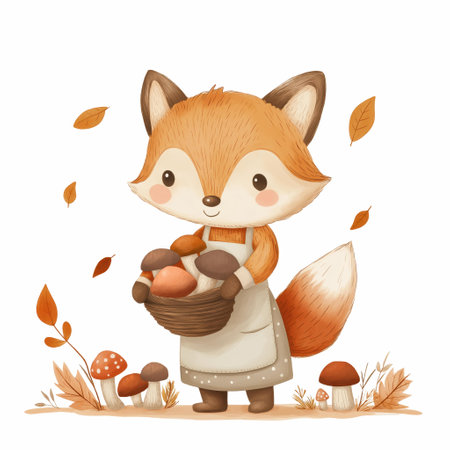 Watercolor Clipart Of Fox With Mushrooms. Perfect for fabric textile, packaging card, label, brochure, poster and otherの素材
